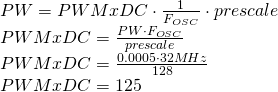 PW = PWMxDC \cdot \frac{1}{F_{OSC}} \cdot prescale \newline PWMxDC = \frac{PW \cdot F_{OSC}}{prescale} \newline PWMxDC = \frac{0.0005 \cdot 32MHz}{128} \newline PWMxDC = 125